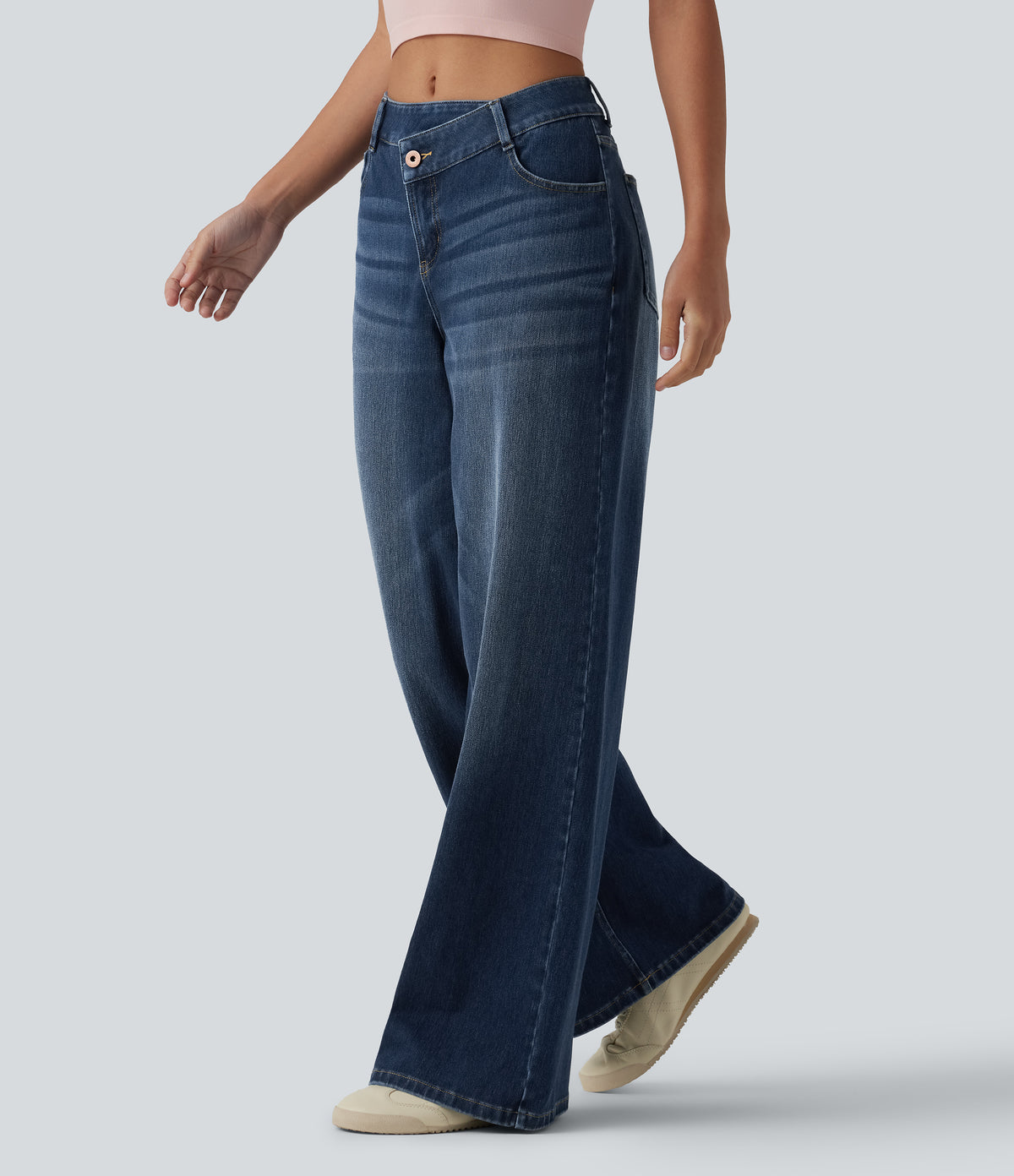 Asymmetric Mid Rise Wide Leg Casual Jeans with Pockets — Paint Blue Denim — view 3