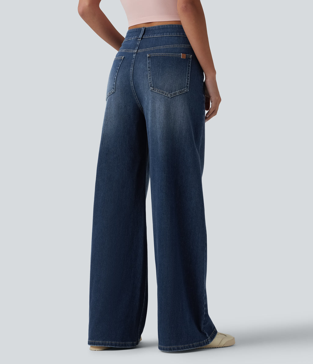 Asymmetric Mid Rise Wide Leg Casual Jeans with Pockets — Paint Blue Denim — view 2