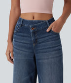 Asymmetric Mid Rise Wide Leg Casual Jeans with Pockets — Paint Blue Denim — view 4