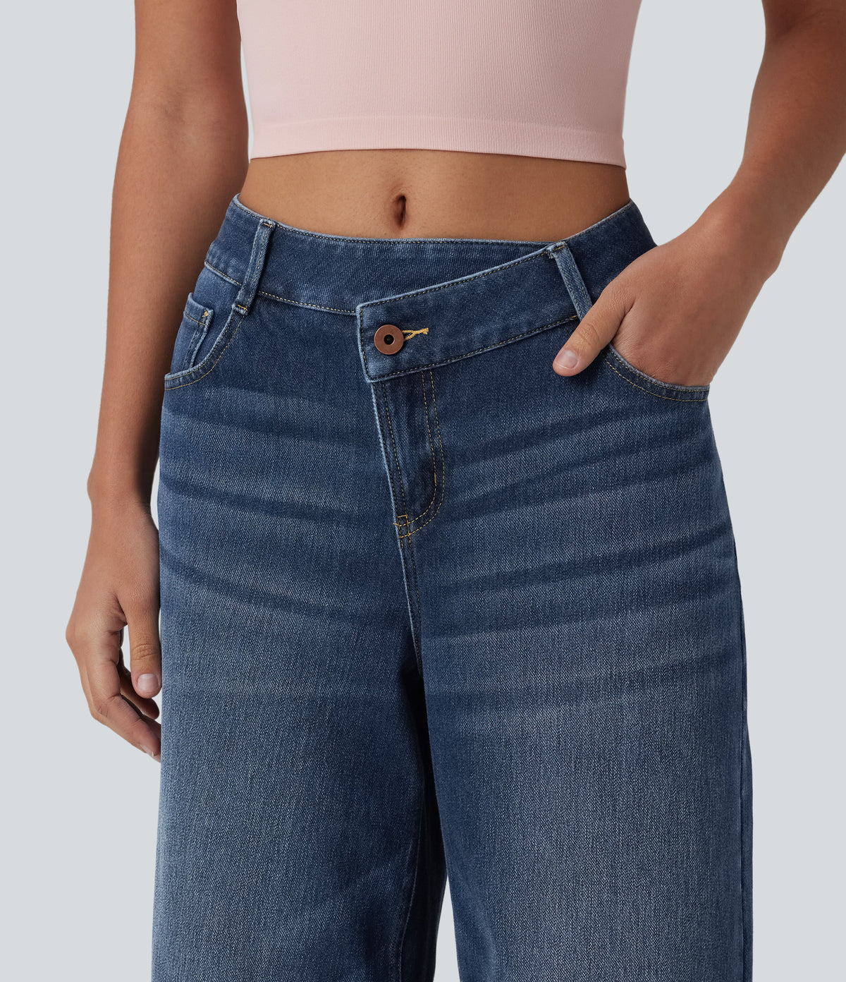 Asymmetric Mid Rise Wide Leg Casual Jeans with Pockets — Paint Blue Denim — view 4