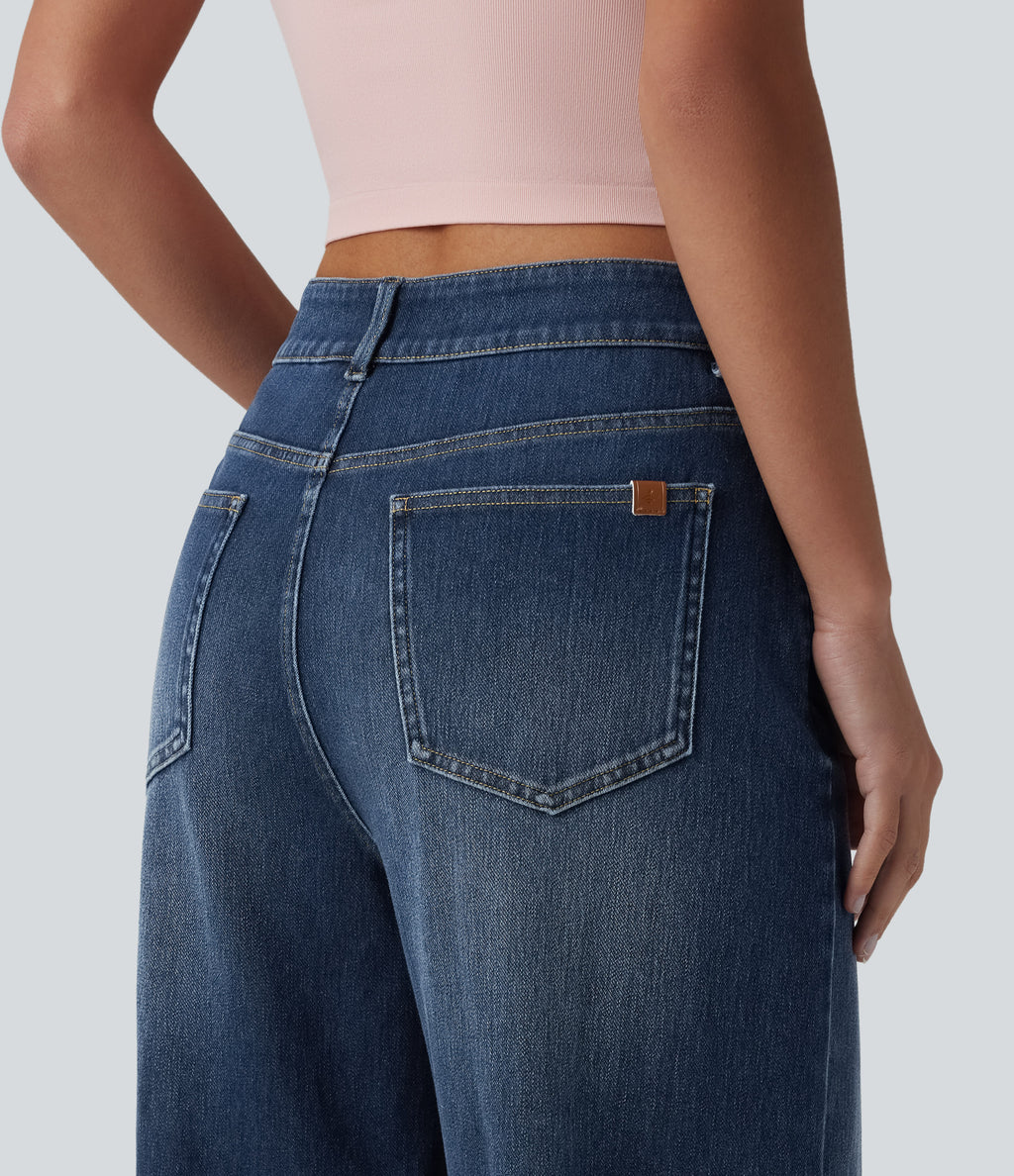 Asymmetric Mid Rise Wide Leg Casual Jeans with Pockets — Paint Blue Denim — view 5