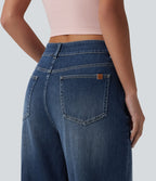Asymmetric Mid Rise Wide Leg Casual Jeans with Pockets — Paint Blue Denim — view 5