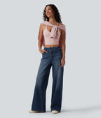 Asymmetric Mid Rise Wide Leg Casual Jeans with Pockets — Paint Blue Denim — view 6