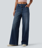 Asymmetric Mid Rise Wide Leg Casual Jeans with Pockets — Paint Blue Denim — view 1