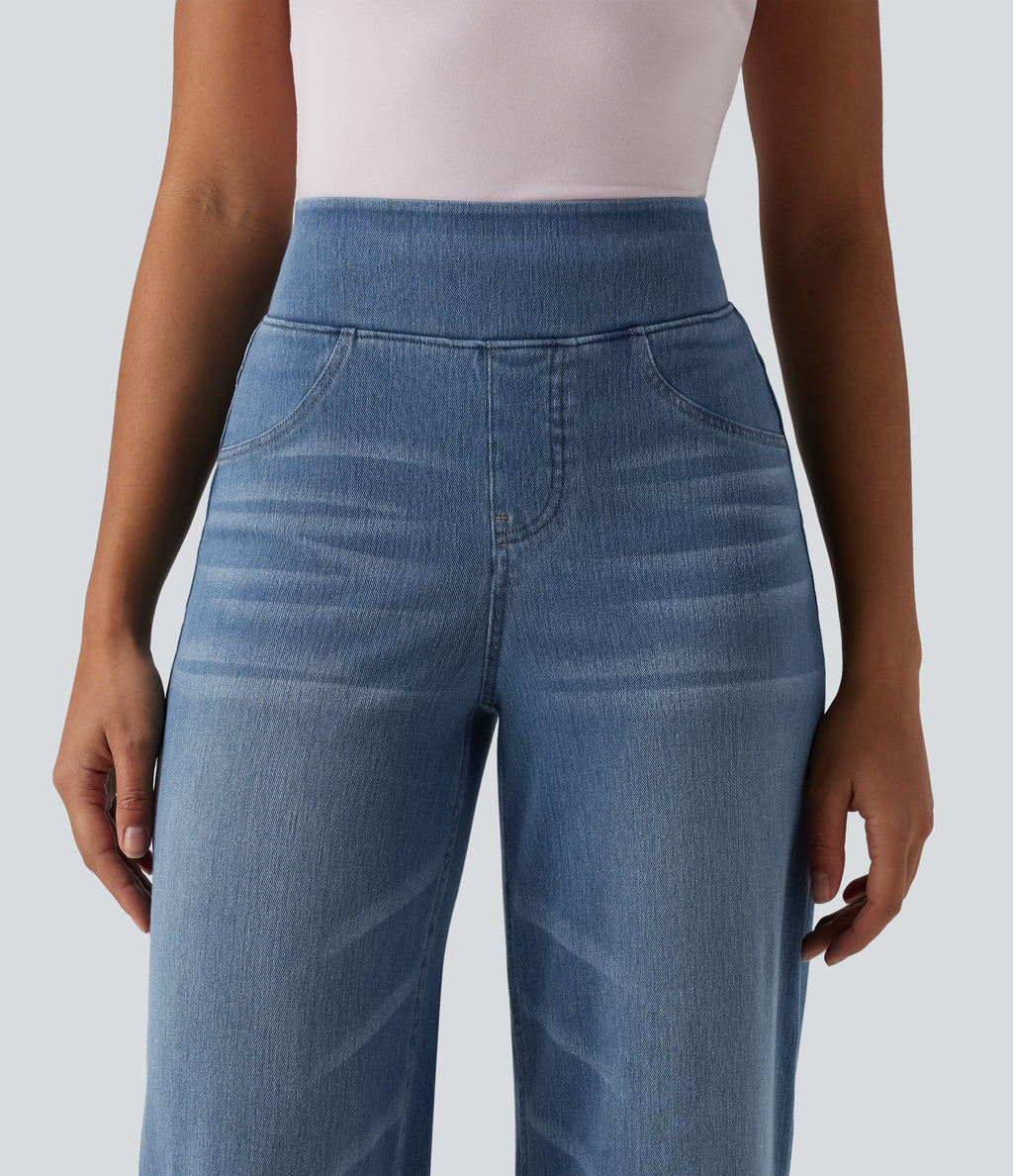 High Waisted Tummy Control Wide Leg Casual Jeans with Pockets — Blue Jasper Denim — view 5
