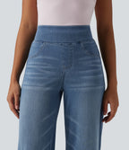 High Waisted Tummy Control Wide Leg Casual Jeans with Pockets — Blue Jasper Denim — view 5
