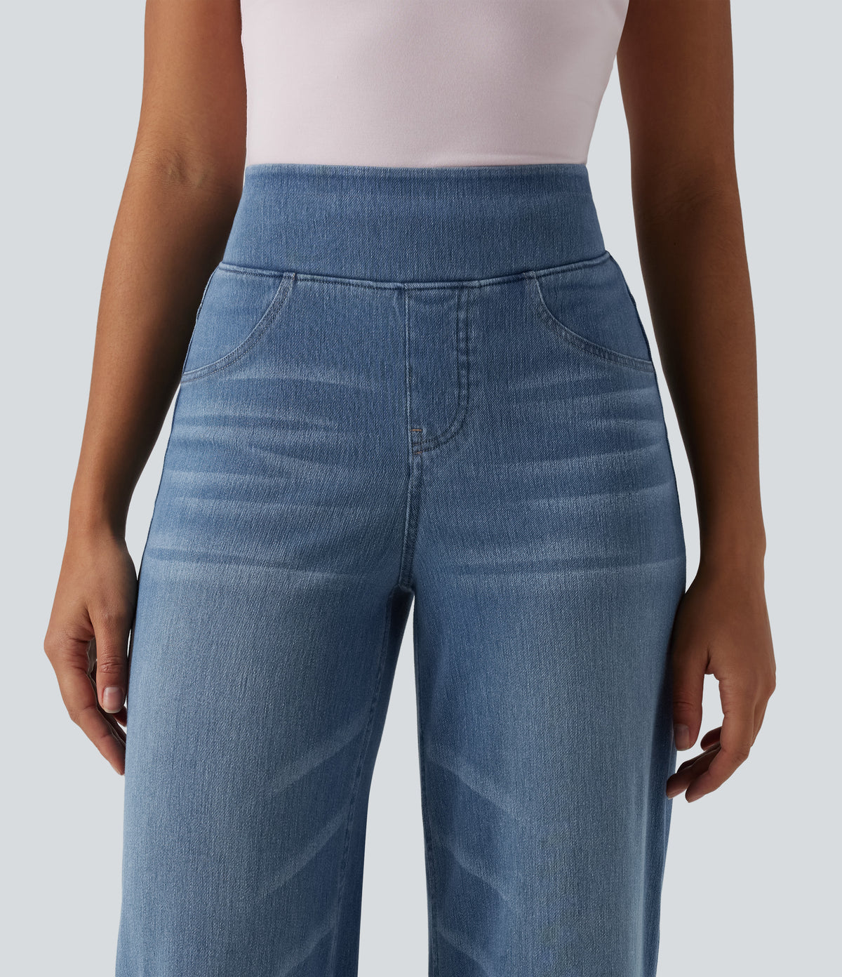 High Waisted Tummy Control Wide Leg Casual Jeans with Pockets — Blue Jasper Denim — view 5