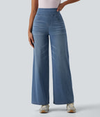 High Waisted Tummy Control Wide Leg Casual Jeans with Pockets — Blue Jasper Denim — view 3
