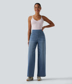 High Waisted Tummy Control Wide Leg Casual Jeans with Pockets — Blue Jasper Denim — view 6