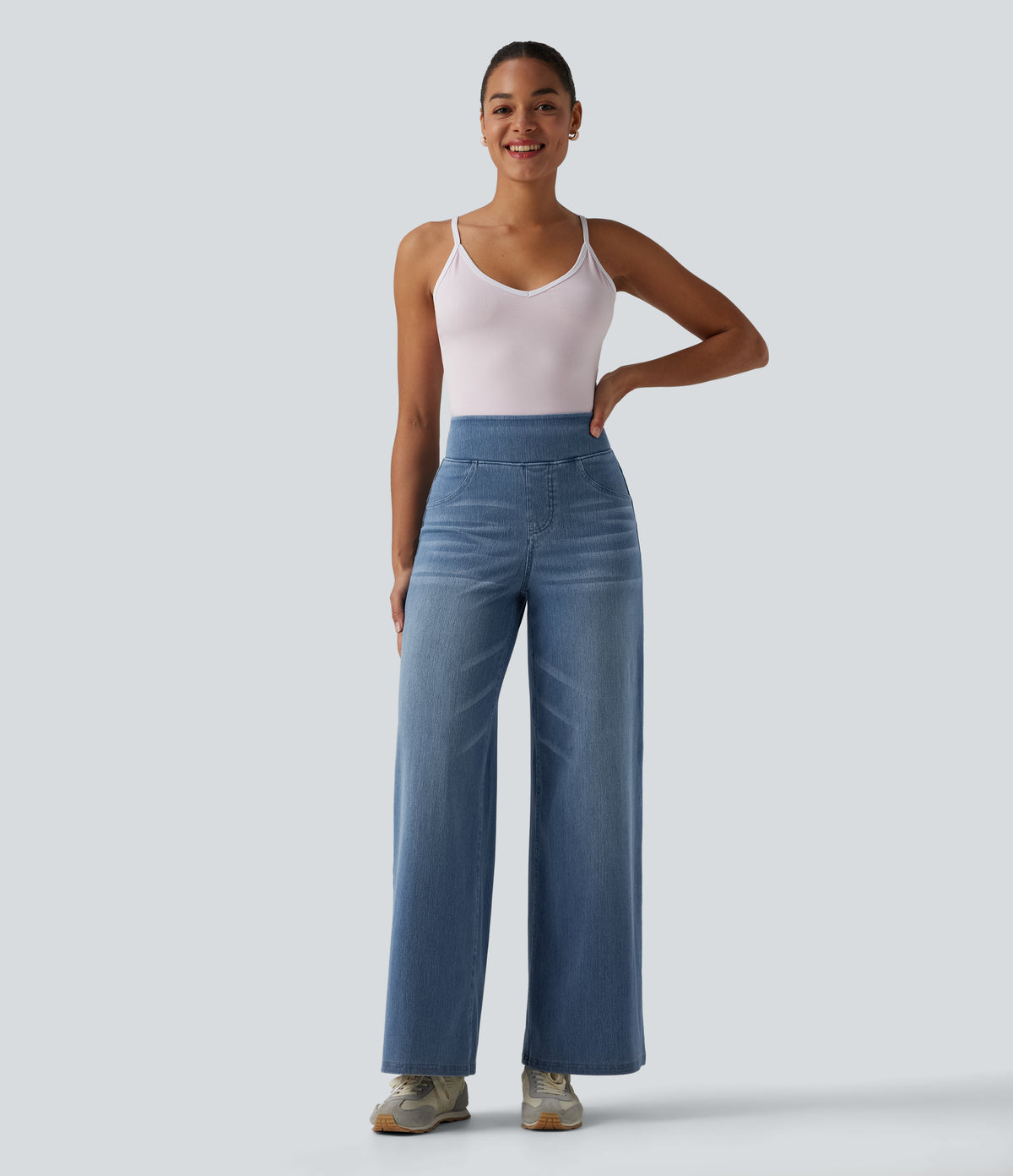 High Waisted Tummy Control Wide Leg Casual Jeans with Pockets — Blue Jasper Denim — view 6