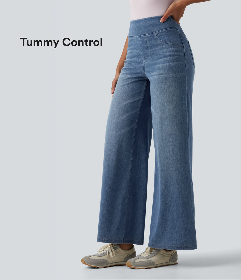 High Waisted Tummy Control Wide Leg Casual Jeans with Pockets — Blue Jasper Denim — view 1