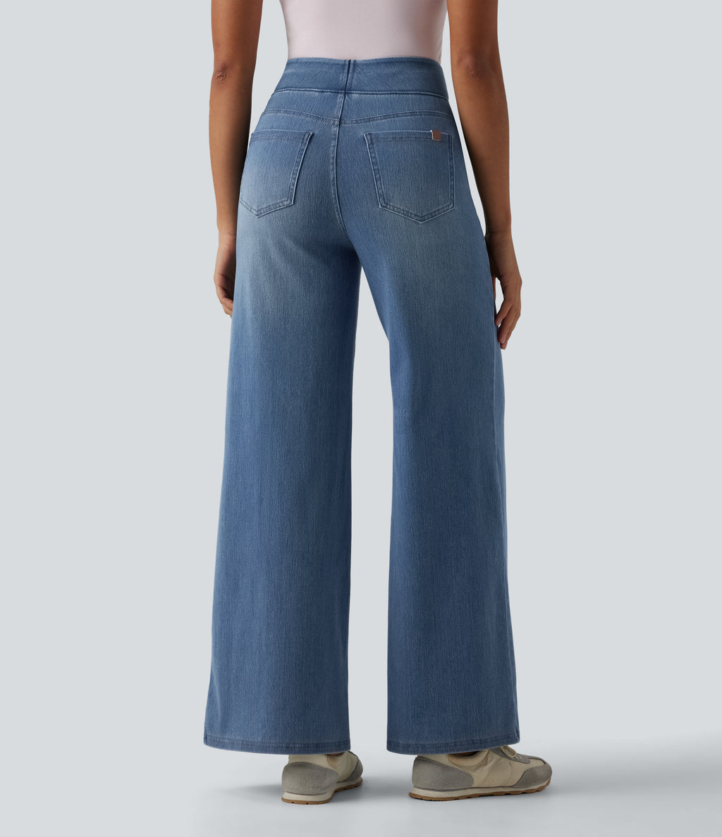 High Waisted Tummy Control Wide Leg Casual Jeans with Pockets — Blue Jasper Denim — view 2