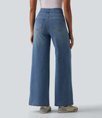 High Waisted Tummy Control Wide Leg Casual Jeans with Pockets — Blue Jasper Denim — view 2