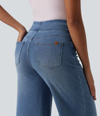 High Waisted Tummy Control Wide Leg Casual Jeans with Pockets — Blue Jasper Denim — view 4