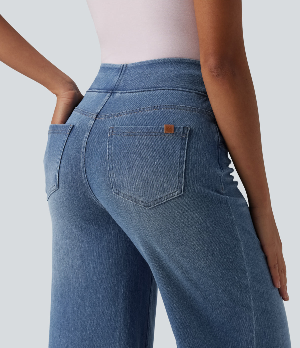 High Waisted Tummy Control Wide Leg Casual Jeans with Pockets — Blue Jasper Denim — view 4