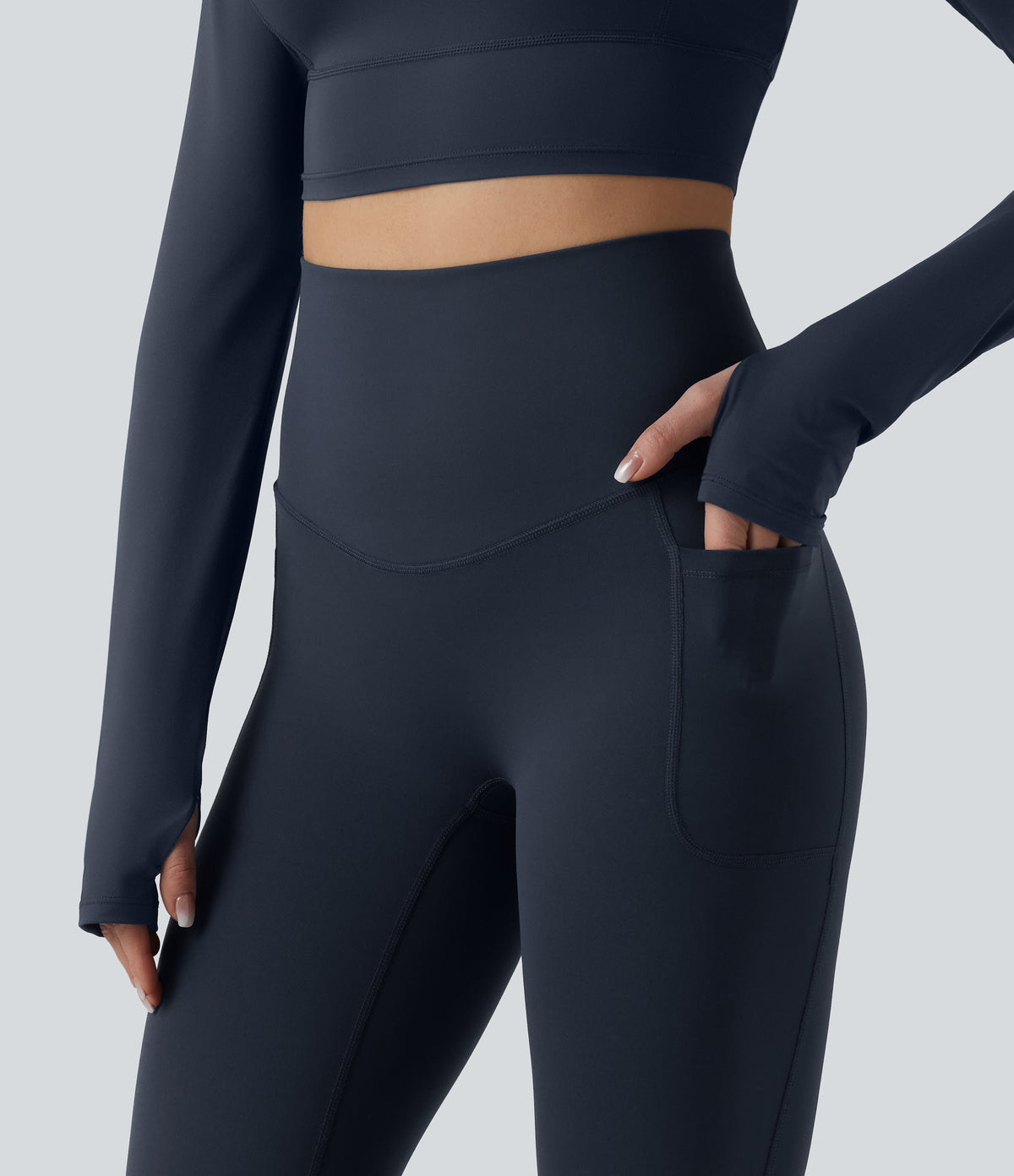 High Waisted Tummy Control Crossover Back Bootcut Workout Leggings with Pockets — Carbon — view 5