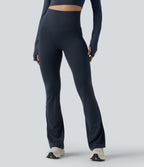 High Waisted Tummy Control Crossover Back Bootcut Workout Leggings with Pockets — Carbon — view 2