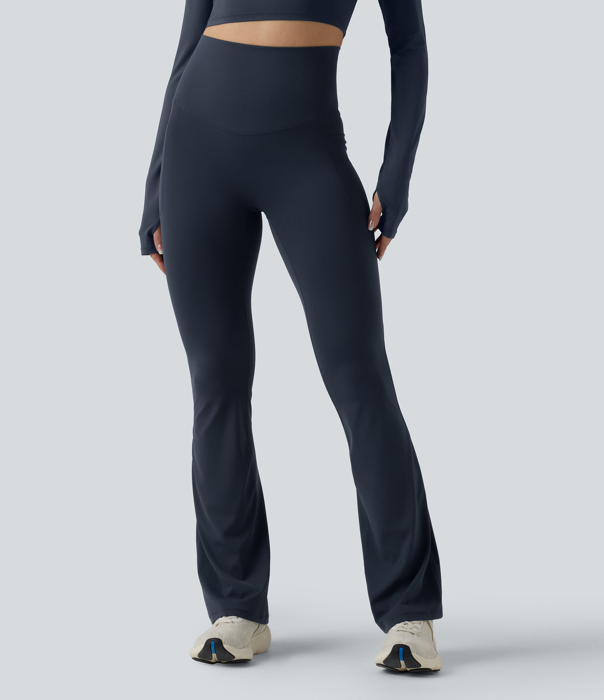 High Waisted Tummy Control Crossover Back Bootcut Workout Leggings with Pockets — Carbon — view 2