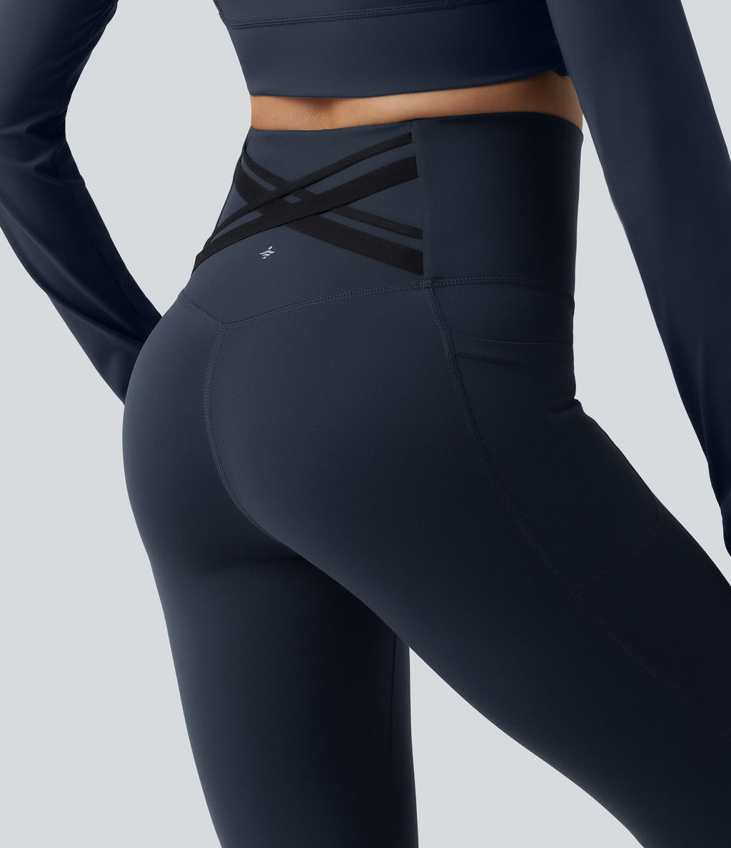 High Waisted Tummy Control Crossover Back Bootcut Workout Leggings with Pockets — Carbon — view 4