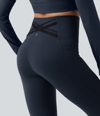 High Waisted Tummy Control Crossover Back Bootcut Workout Leggings with Pockets — Carbon — view 4