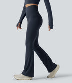 High Waisted Tummy Control Crossover Back Bootcut Workout Leggings with Pockets — Carbon — view 3