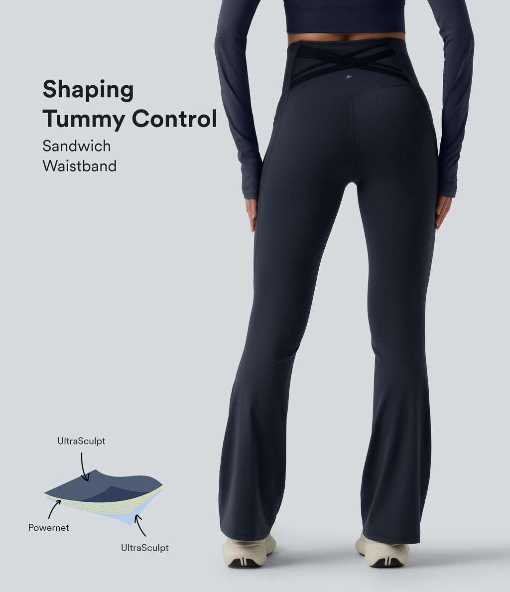 High Waisted Tummy Control Crossover Back Bootcut Workout Leggings with Pockets — Carbon — view 1