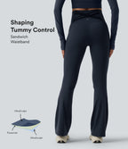 High Waisted Tummy Control Crossover Back Bootcut Workout Leggings with Pockets — Carbon — view 1