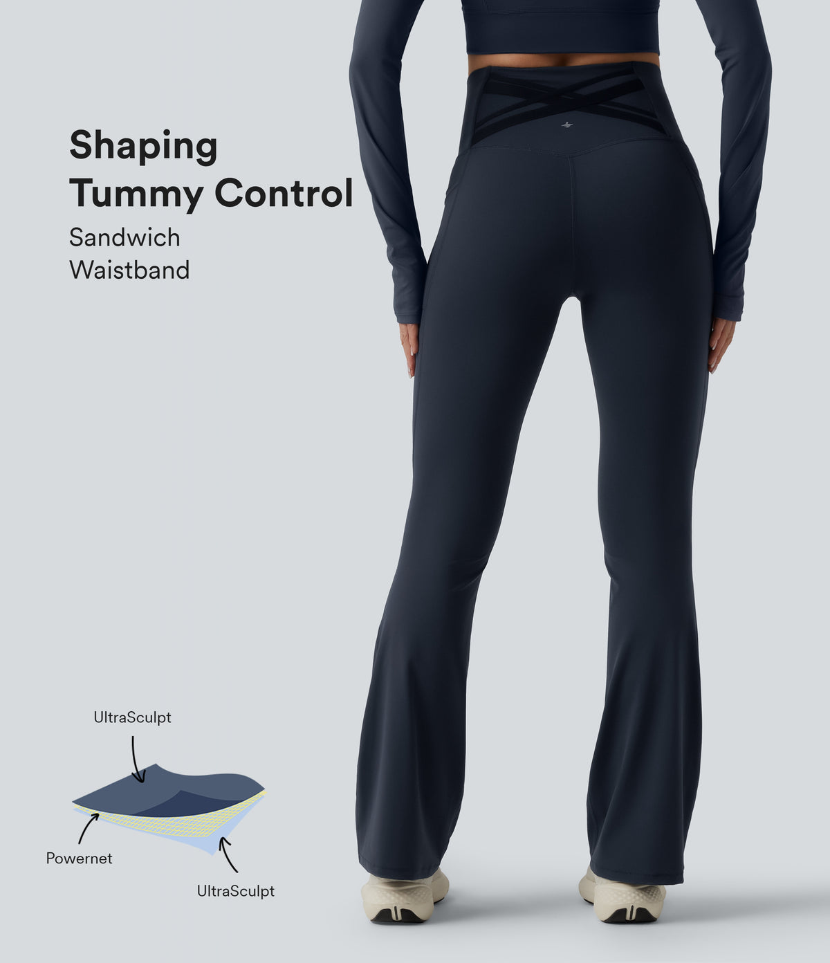 High Waisted Tummy Control Crossover Back Bootcut Workout Leggings with Pockets — Carbon — view 1