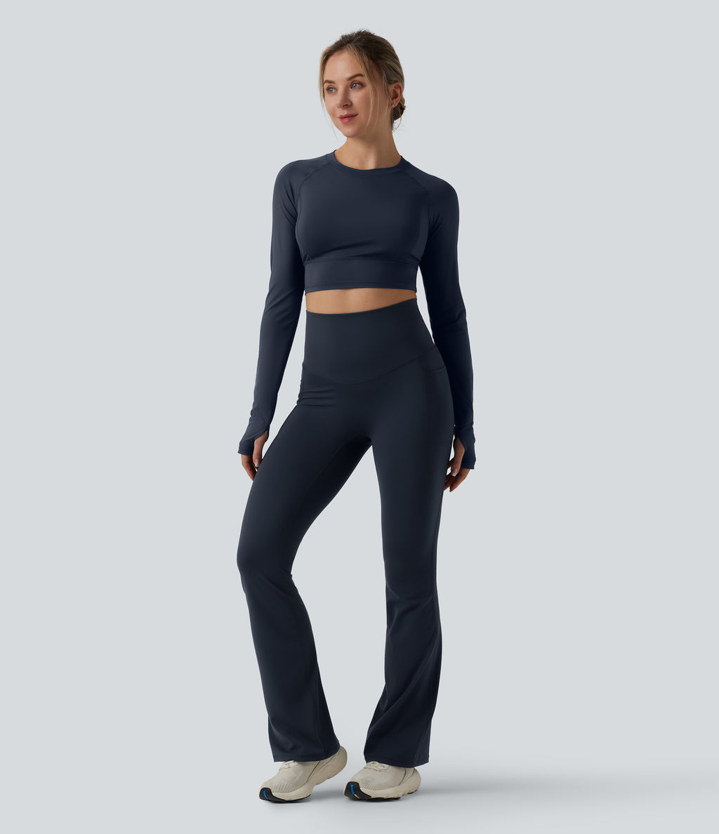High Waisted Tummy Control Crossover Back Bootcut Workout Leggings with Pockets — Carbon — view 6