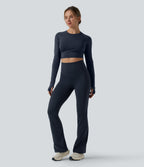High Waisted Tummy Control Crossover Back Bootcut Workout Leggings with Pockets — Carbon — view 6