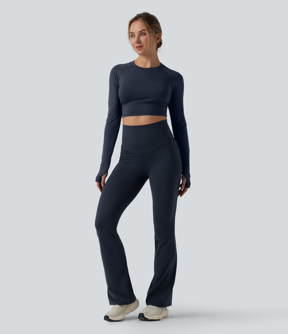 High Waisted Tummy Control Crossover Back Bootcut Workout Leggings with Pockets — Carbon — view 6