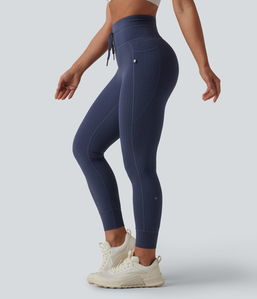 High Waisted Drawstring Houndstooth Tapered Yoga Leggings with Pockets — Midnight Navy Houndstooth — view 1