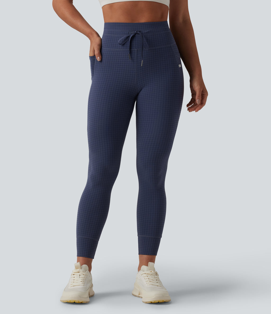 High Waisted Drawstring Houndstooth Tapered Yoga Leggings with Pockets — Midnight Navy Houndstooth — view 3