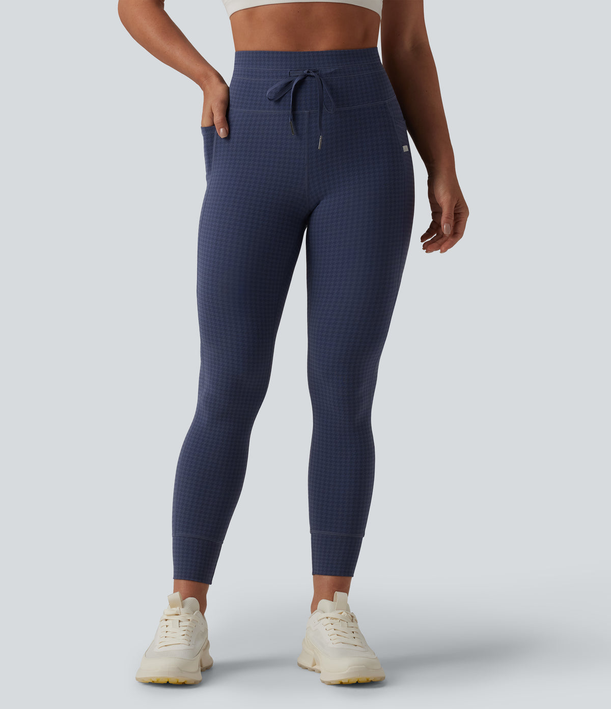 High Waisted Drawstring Houndstooth Tapered Yoga Leggings with Pockets — Midnight Navy Houndstooth — view 3