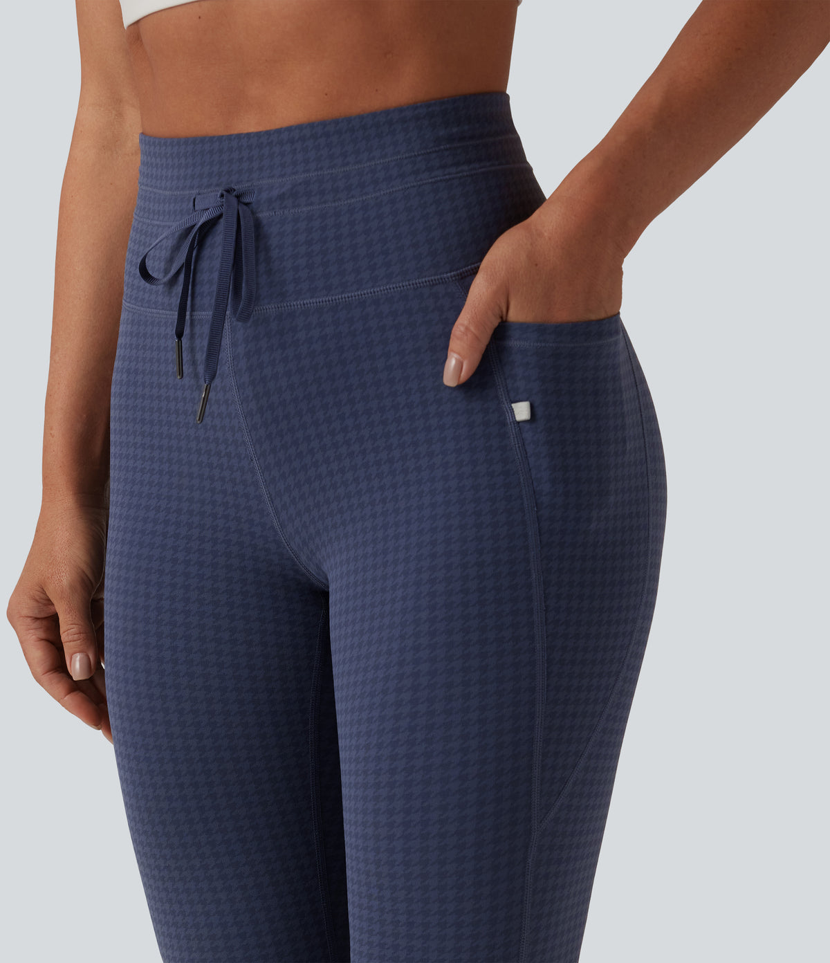 High Waisted Drawstring Houndstooth Tapered Yoga Leggings with Pockets — Midnight Navy Houndstooth — view 5