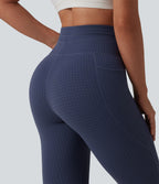 High Waisted Drawstring Houndstooth Tapered Yoga Leggings with Pockets — Midnight Navy Houndstooth — view 4