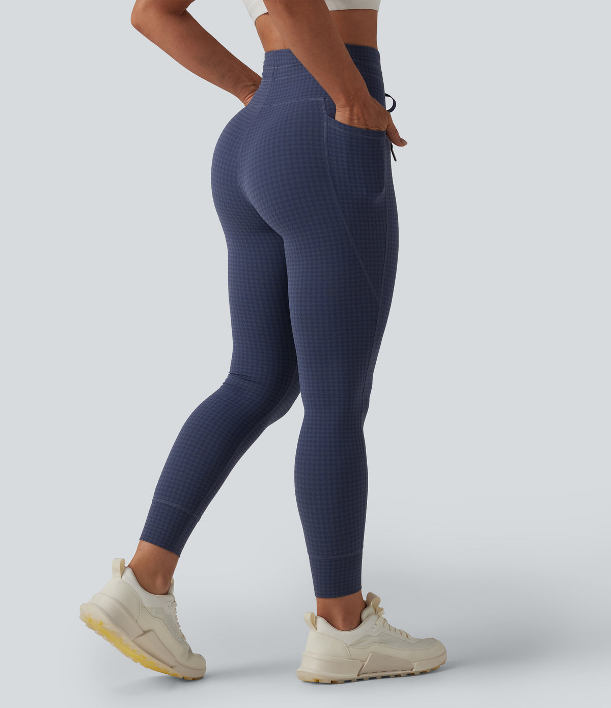 High Waisted Drawstring Houndstooth Tapered Yoga Leggings with Pockets — Midnight Navy Houndstooth — view 2