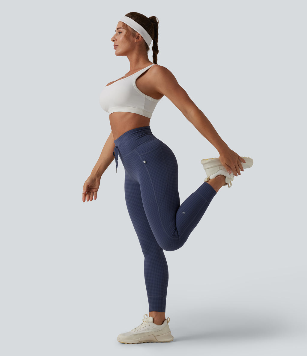 High Waisted Drawstring Houndstooth Tapered Yoga Leggings with Pockets — Midnight Navy Houndstooth — view 6