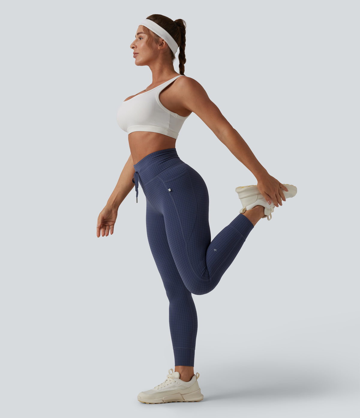 High Waisted Drawstring Houndstooth Tapered Yoga Leggings with Pockets — Midnight Navy Houndstooth — view 6