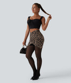 Leopard Print Crossover High Waisted 2-in-1 Bodycon Mini Skirt-Longer Length — Toffee Leopard — view 8