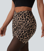 Leopard Print Crossover High Waisted 2-in-1 Bodycon Mini Skirt-Longer Length — Toffee Leopard — view 1