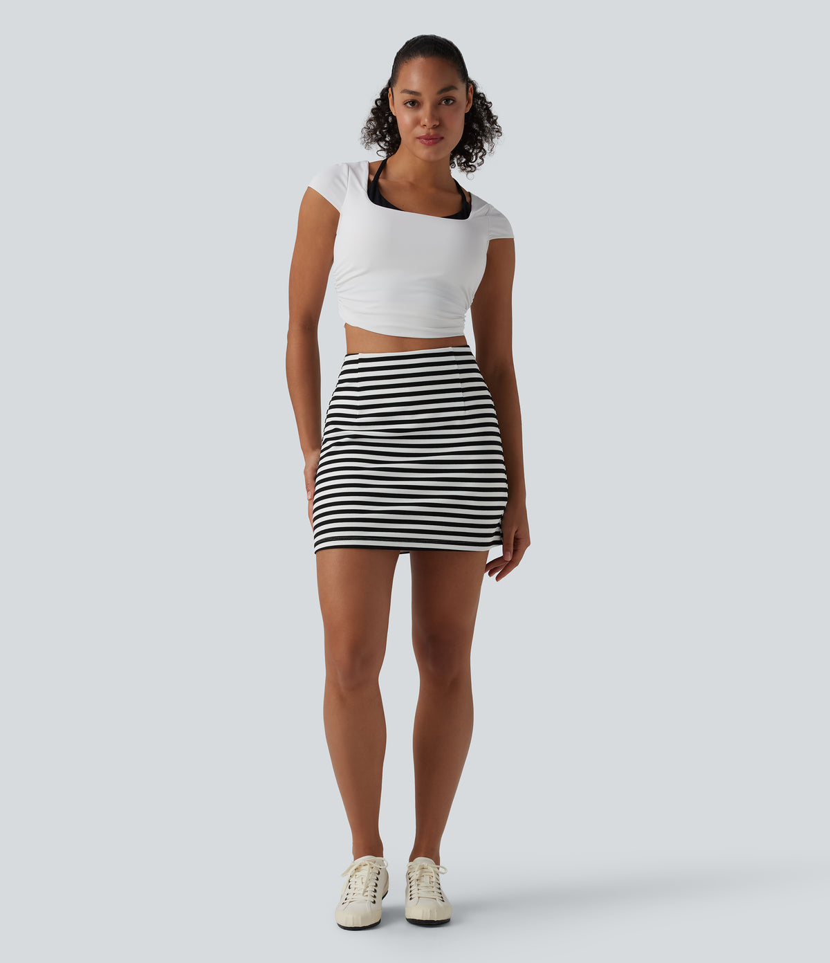 High Waisted 2-in-1 Stripe Waffle Mini Casual Skirt — Black White Horizontal Stripe — view 5