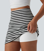 High Waisted 2-in-1 Stripe Waffle Mini Casual Skirt — Black White Horizontal Stripe — view 4