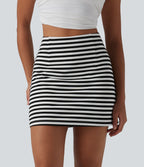 High Waisted 2-in-1 Stripe Waffle Mini Casual Skirt — Black White Horizontal Stripe — view 1