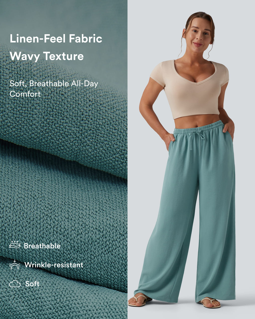 Mid Rise Drawstring Wide Leg Casual Linen-Feel Trousers with Pockets — Mineral Blue — view 2
