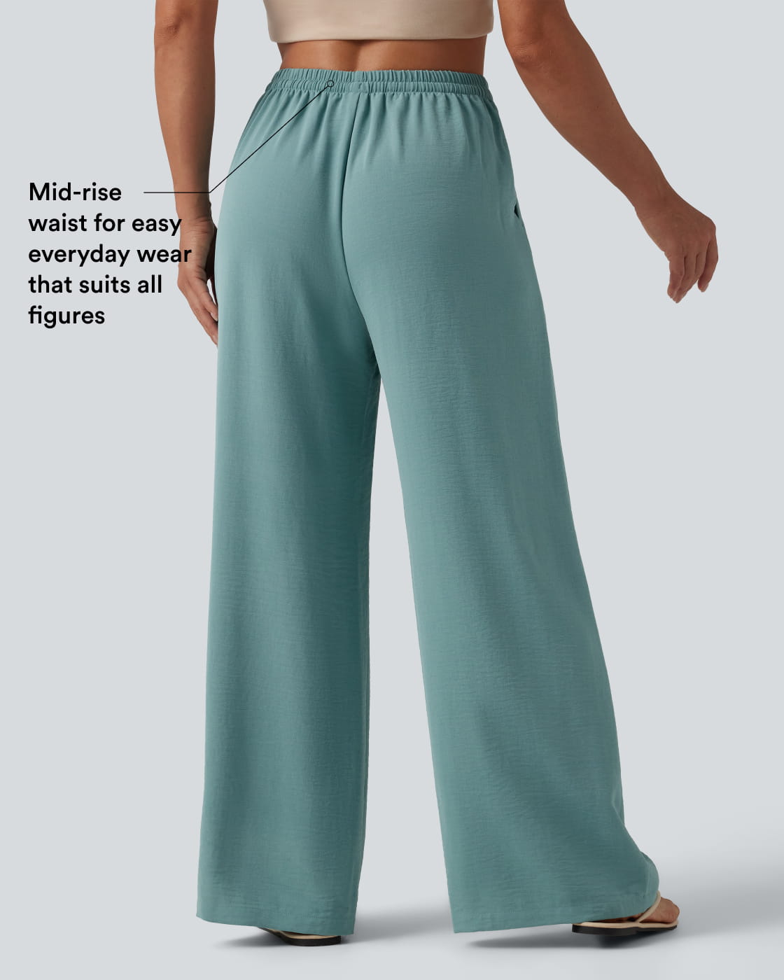 Mid Rise Drawstring Wide Leg Casual Linen-Feel Trousers with Pockets — Mineral Blue — view 3