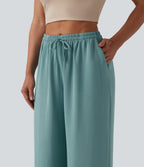 Mid Rise Drawstring Wide Leg Casual Linen-Feel Trousers with Pockets — Mineral Blue — view 5