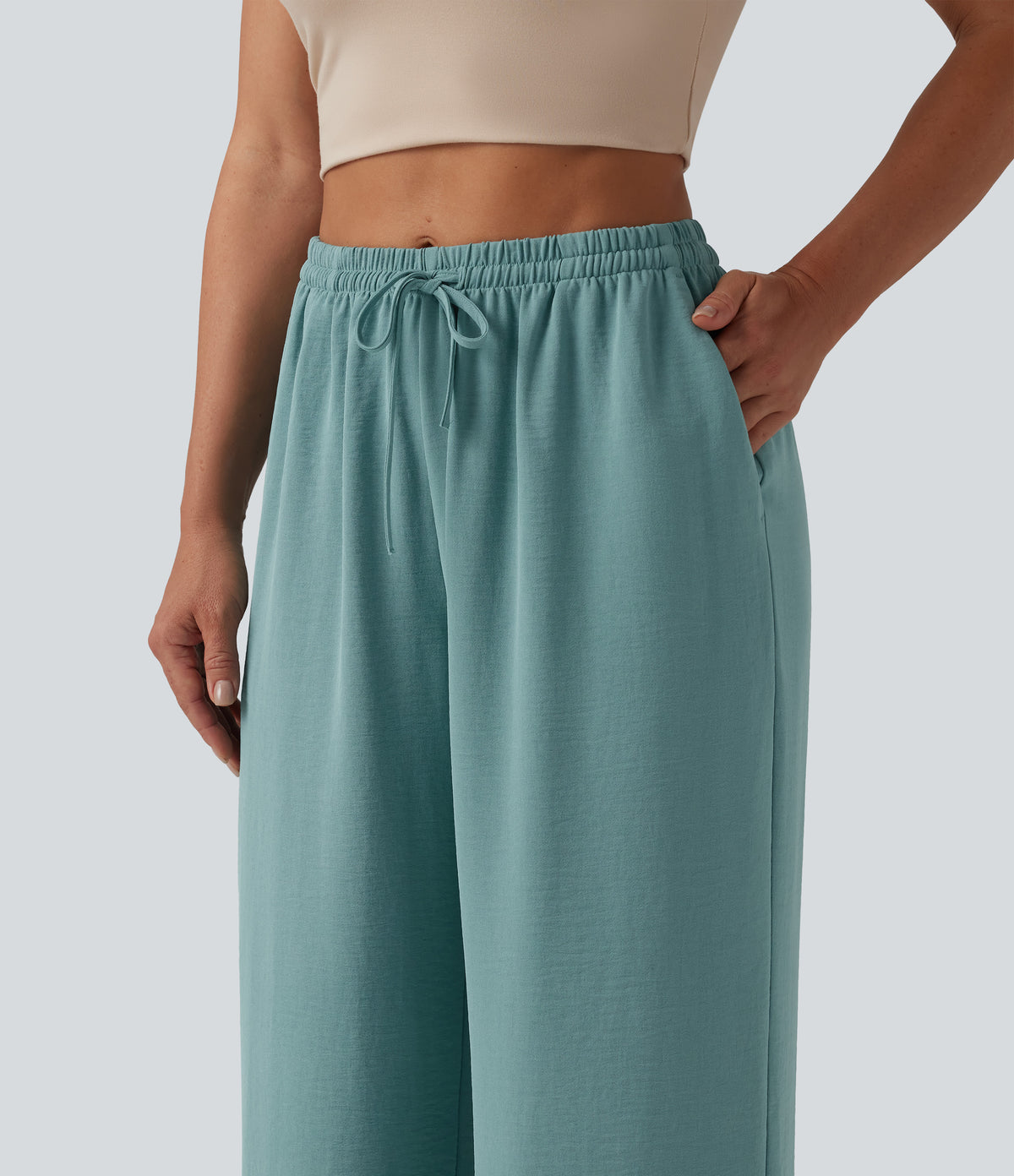 Mid Rise Drawstring Wide Leg Casual Linen-Feel Trousers with Pockets — Mineral Blue — view 5