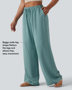 Mid Rise Drawstring Wide Leg Casual Linen-Feel Trousers with Pockets — Mineral Blue — view 4