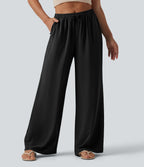 Mid Rise Drawstring Wide Leg Casual Linen-Feel Trousers with Pockets — Black — view 6